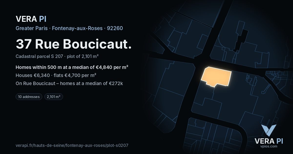 37 Rue Boucicaut, Fontenay-aux-Roses at night – the plot lit, the parcels around coloured by the prices near them
