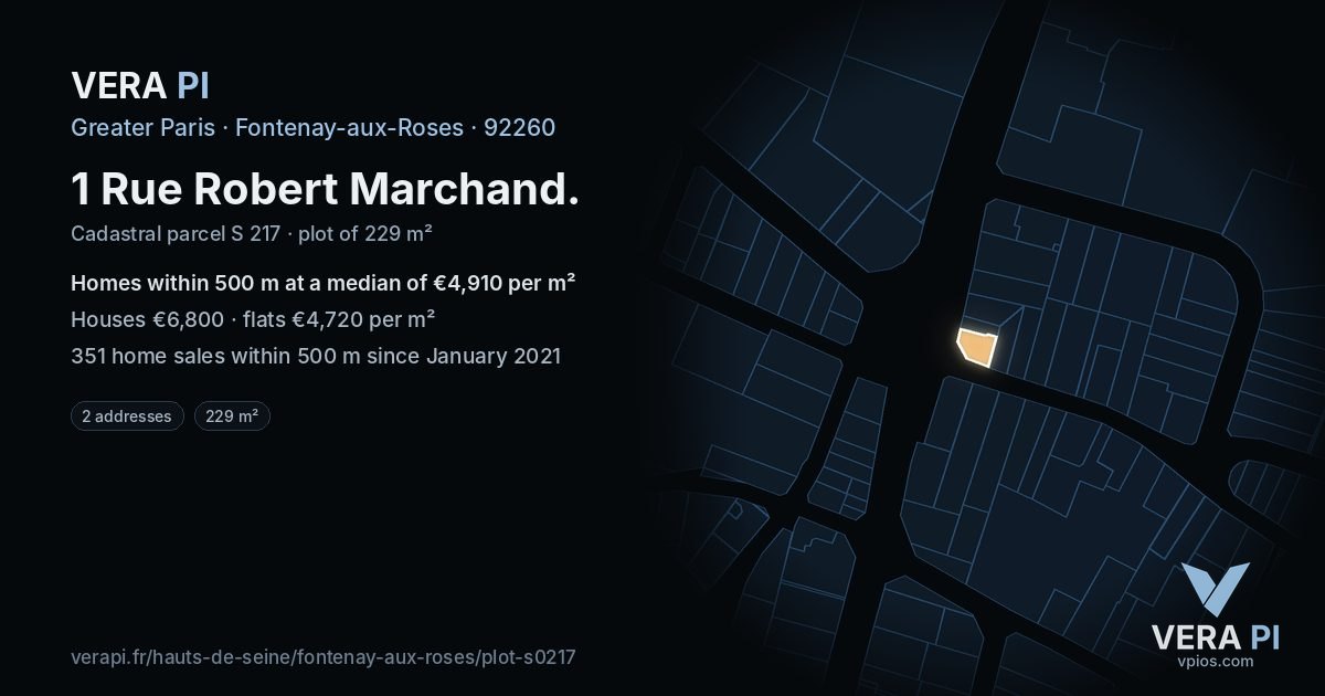 1 Rue Robert Marchand, Fontenay-aux-Roses at night – the plot lit, the parcels around coloured by the prices near them