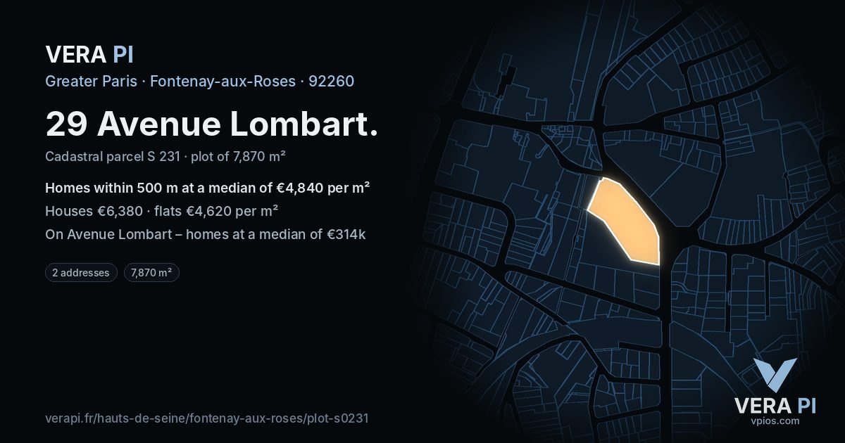 29 Avenue Lombart, Fontenay-aux-Roses at night – the plot lit, the parcels around coloured by the prices near them