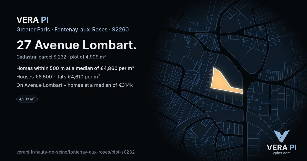 27 Avenue Lombart, Fontenay-aux-Roses at night – the plot lit, the parcels around coloured by the prices near them