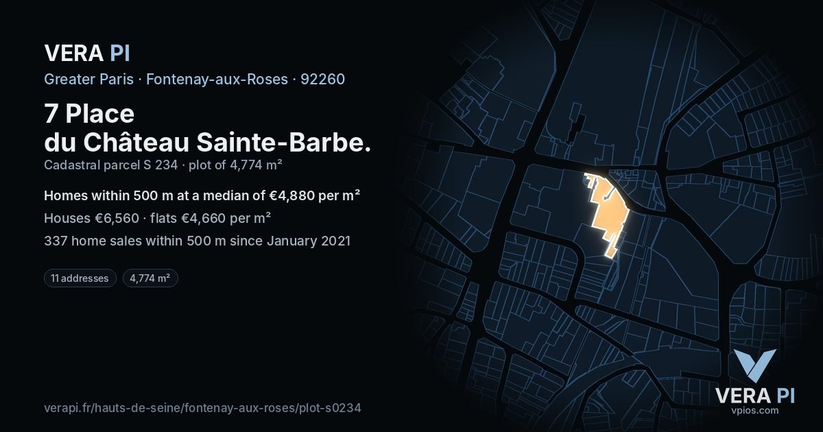 7 Place du Château Sainte-Barbe, Fontenay-aux-Roses at night – the plot lit, the parcels around coloured by the prices near them
