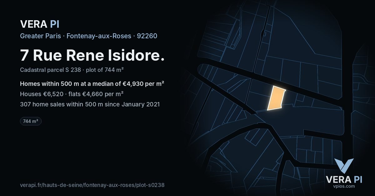 7 Rue Rene Isidore, Fontenay-aux-Roses at night – the plot lit, the parcels around coloured by the prices near them