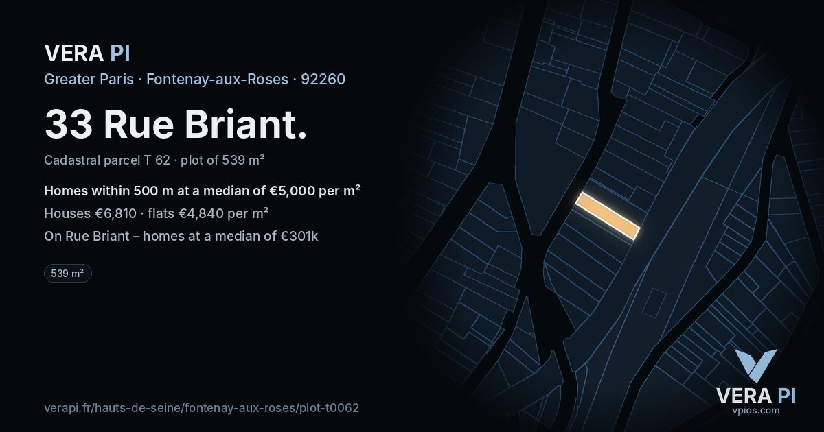 33 Rue Briant, Fontenay-aux-Roses at night – the plot lit, the parcels around coloured by the prices near them