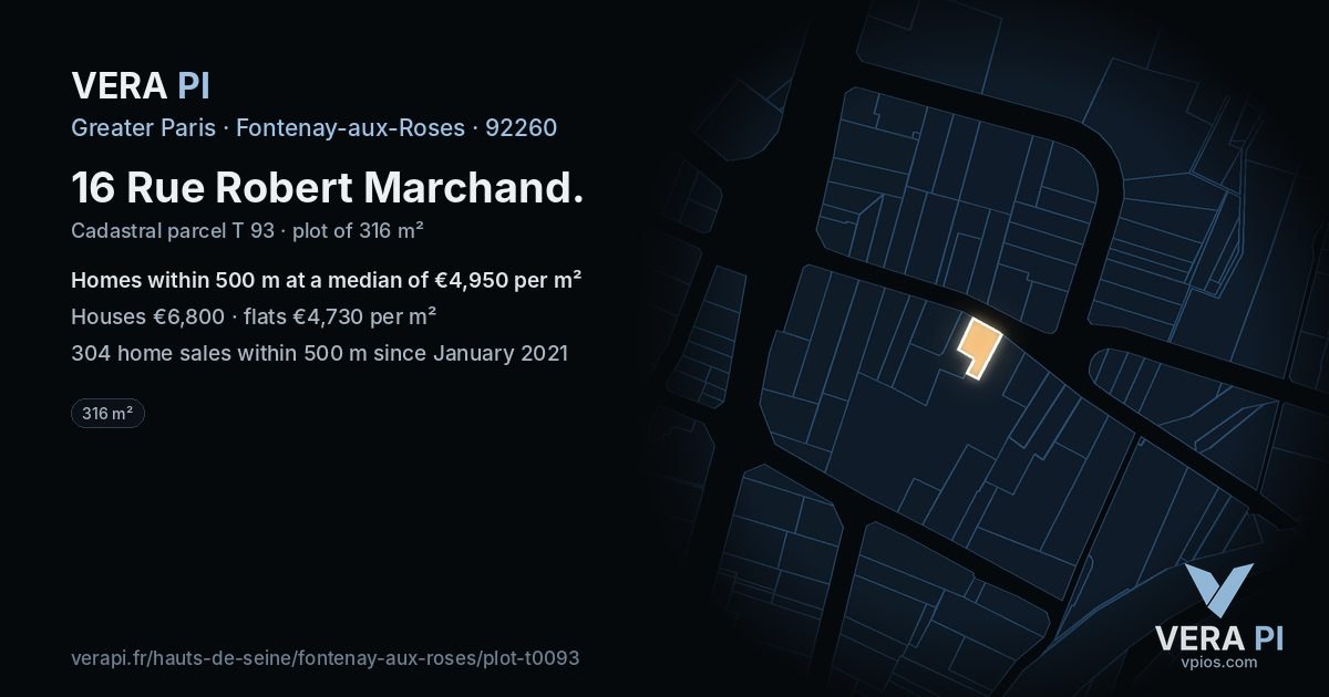16 Rue Robert Marchand, Fontenay-aux-Roses at night – the plot lit, the parcels around coloured by the prices near them