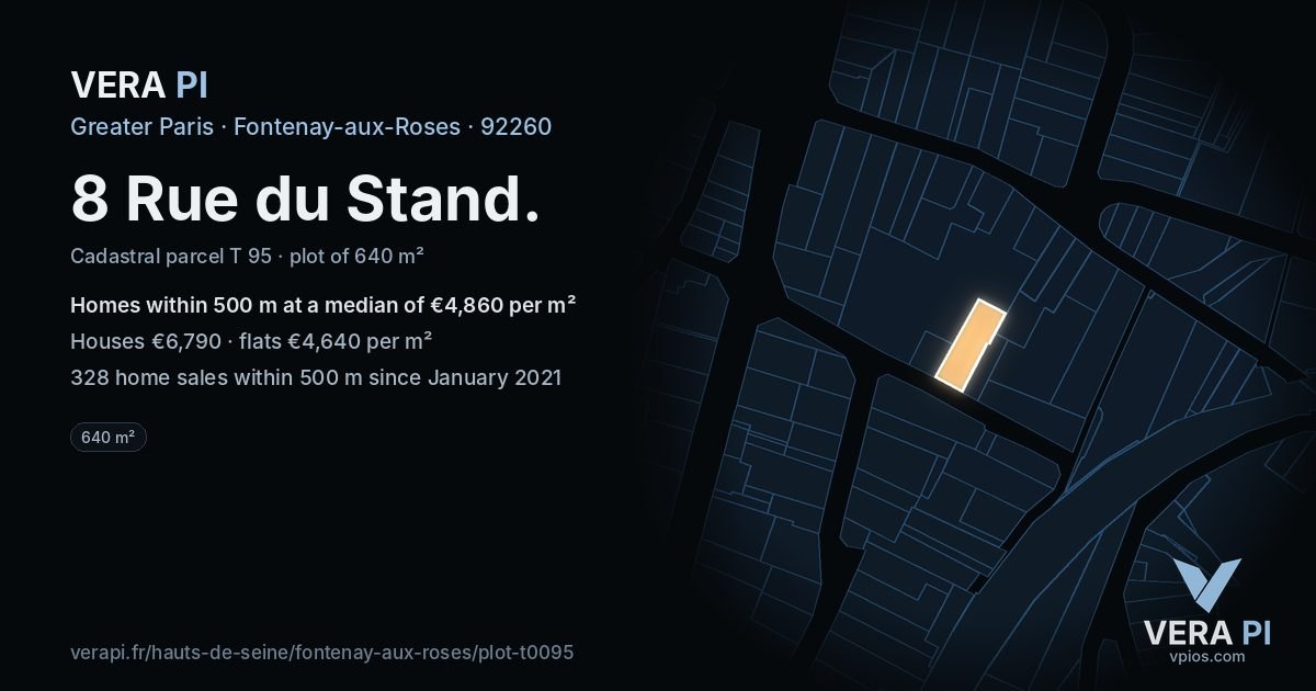 8 Rue du Stand, Fontenay-aux-Roses at night – the plot lit, the parcels around coloured by the prices near them