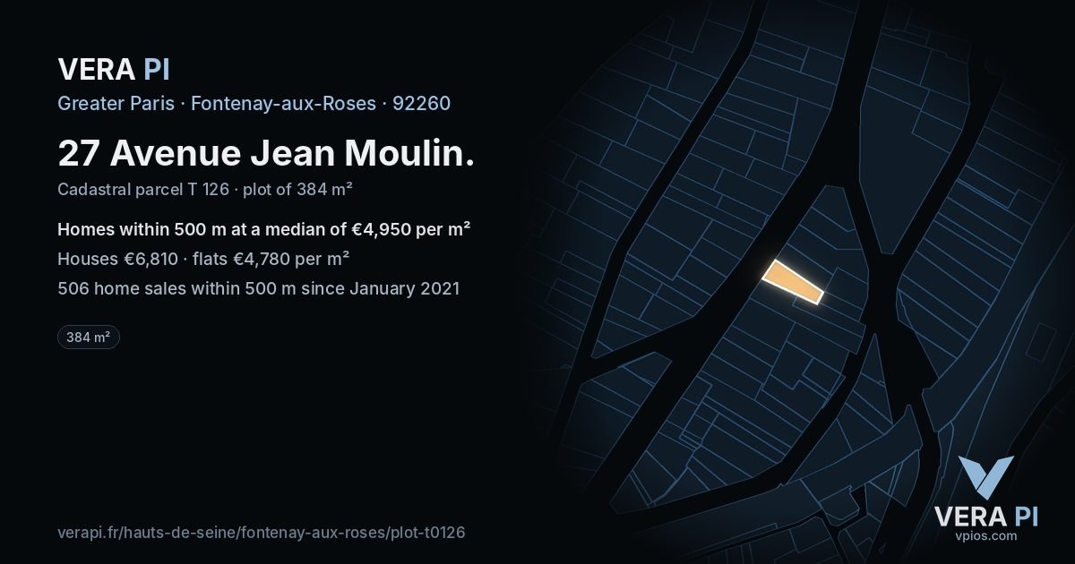27 Avenue Jean Moulin, Fontenay-aux-Roses at night – the plot lit, the parcels around coloured by the prices near them