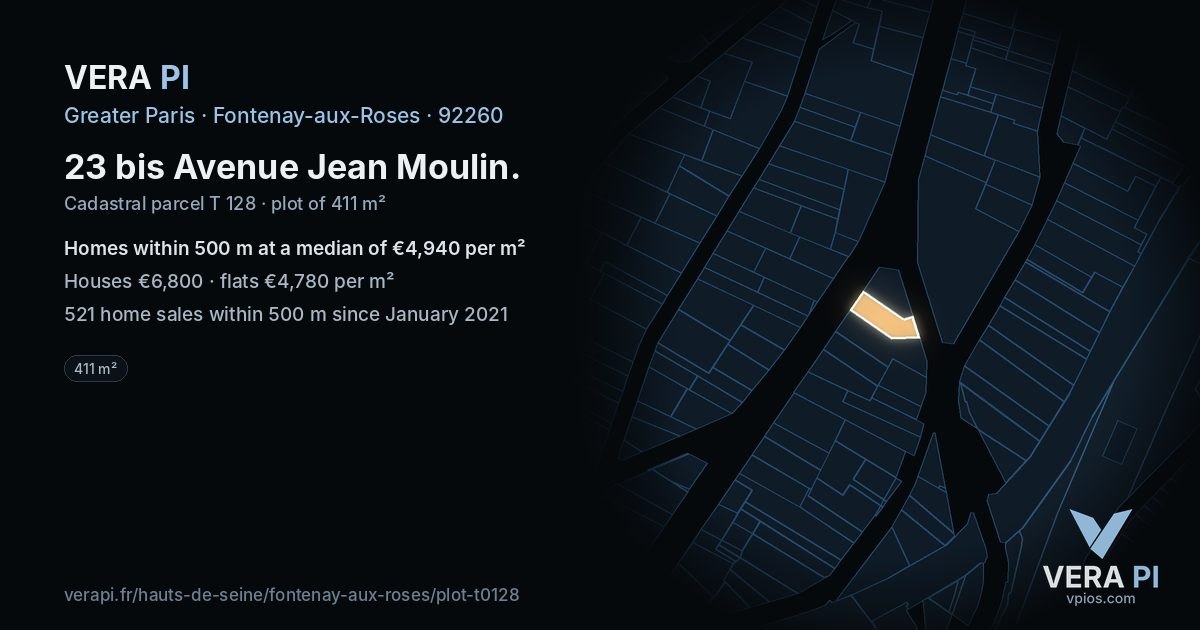 23 bis Avenue Jean Moulin, Fontenay-aux-Roses at night – the plot lit, the parcels around coloured by the prices near them