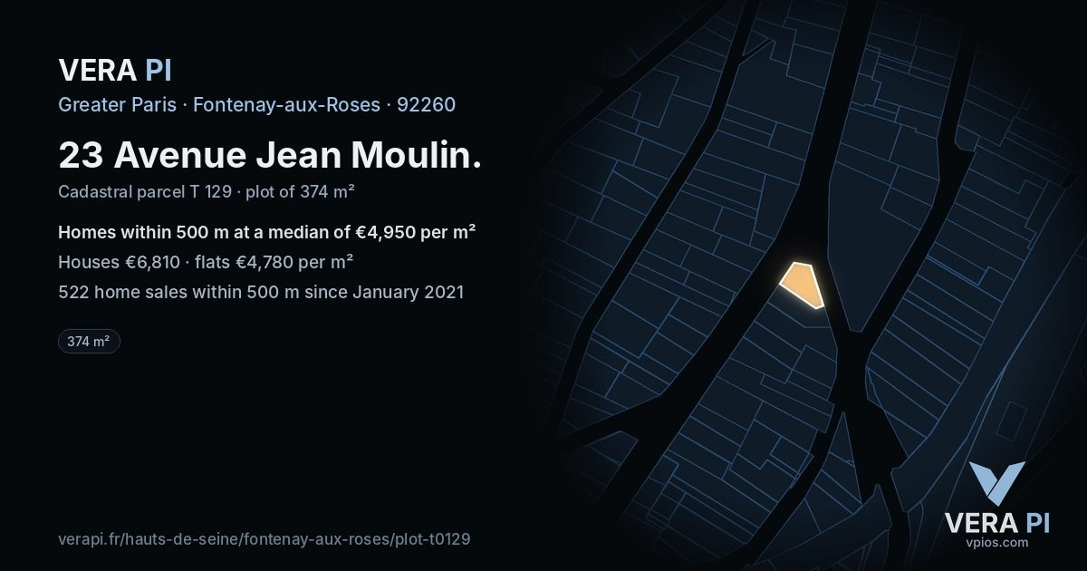 23 Avenue Jean Moulin, Fontenay-aux-Roses at night – the plot lit, the parcels around coloured by the prices near them