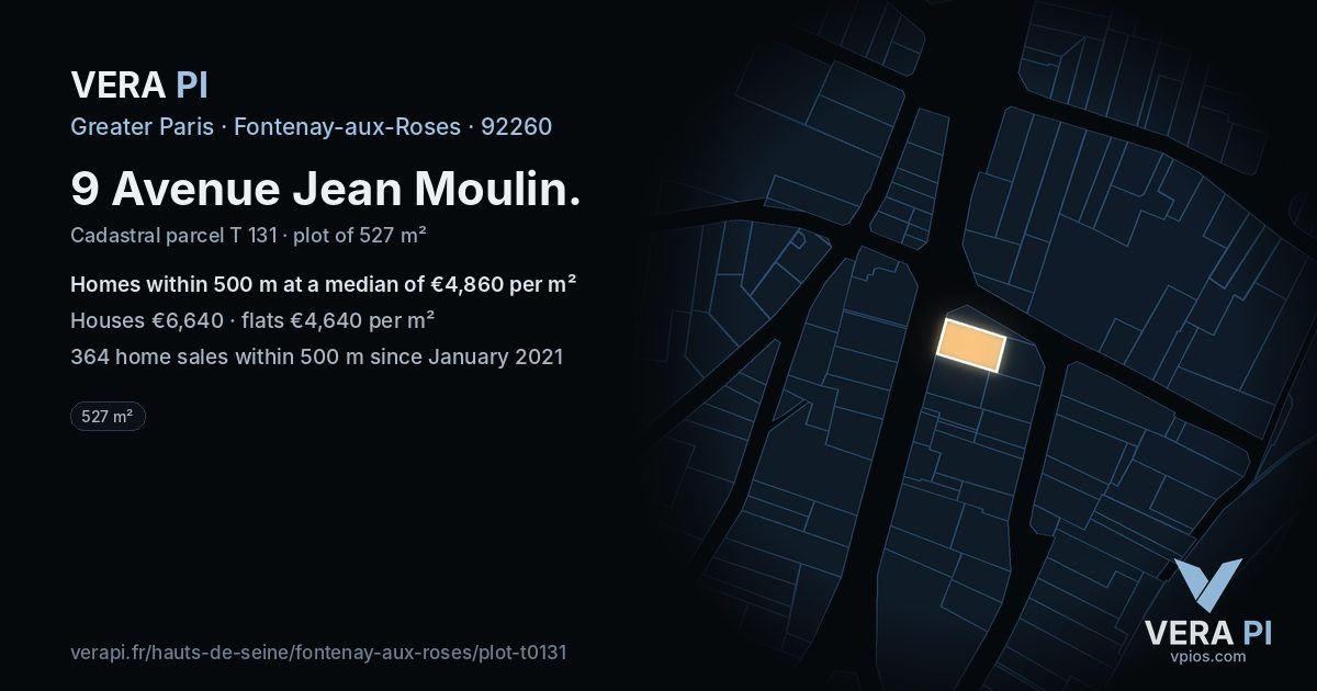 9 Avenue Jean Moulin, Fontenay-aux-Roses at night – the plot lit, the parcels around coloured by the prices near them