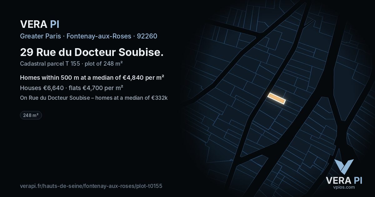 29 Rue du Docteur Soubise, Fontenay-aux-Roses at night – the plot lit, the parcels around coloured by the prices near them