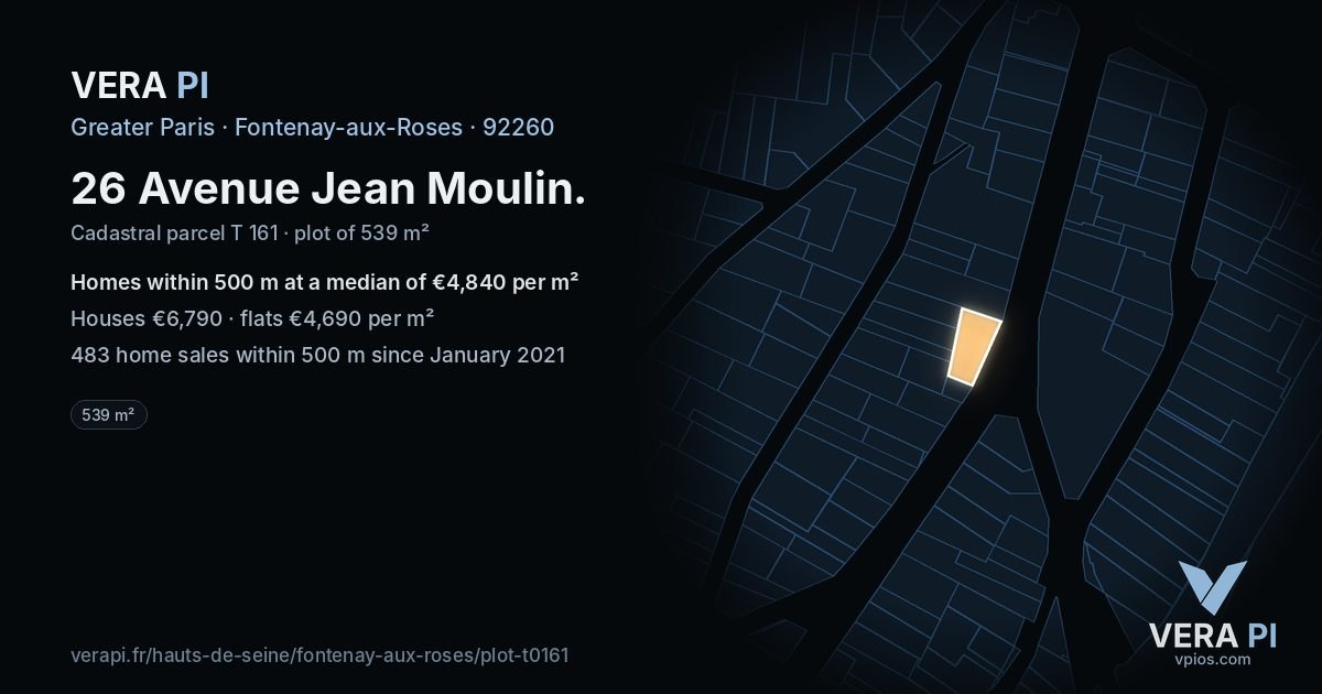 26 Avenue Jean Moulin, Fontenay-aux-Roses at night – the plot lit, the parcels around coloured by the prices near them