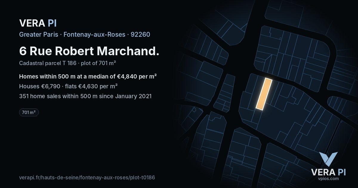 6 Rue Robert Marchand, Fontenay-aux-Roses at night – the plot lit, the parcels around coloured by the prices near them
