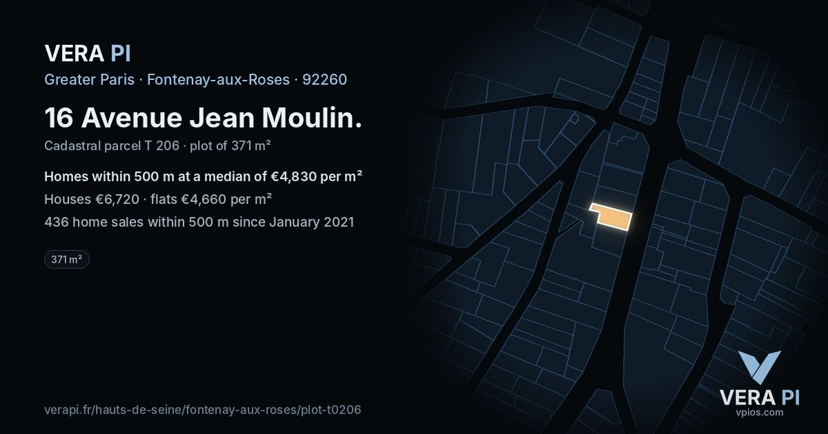 16 Avenue Jean Moulin, Fontenay-aux-Roses at night – the plot lit, the parcels around coloured by the prices near them