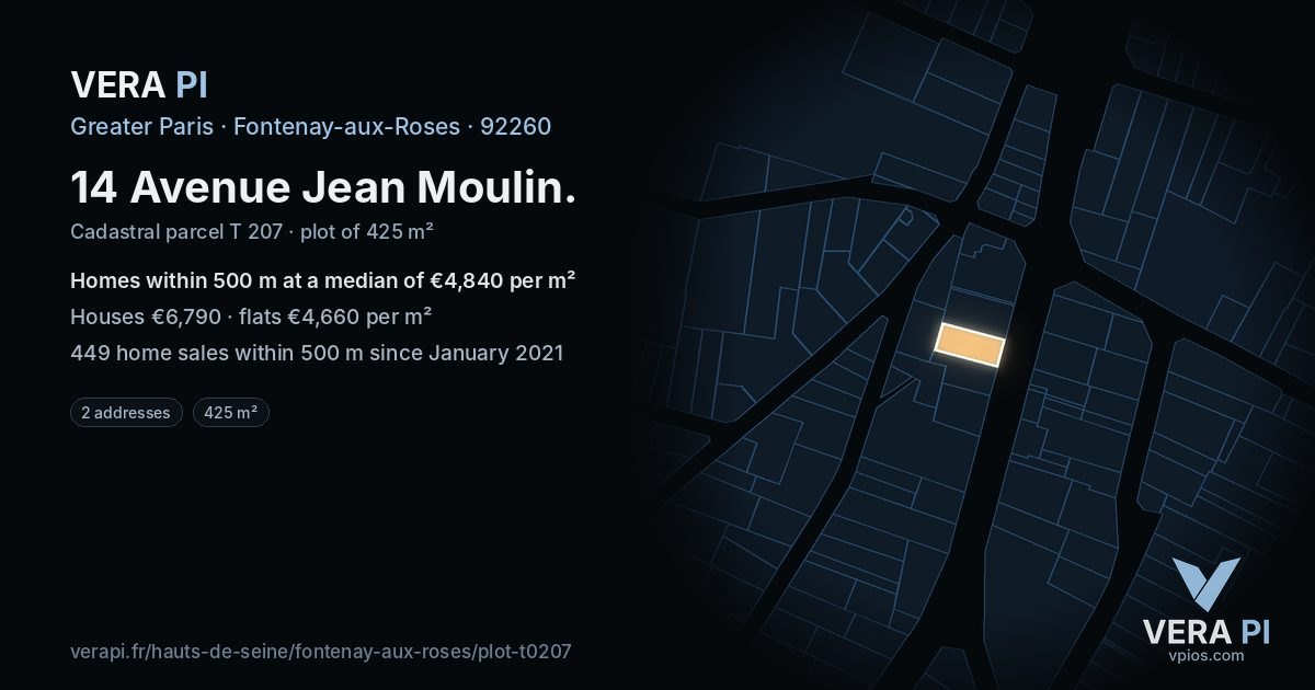 14 Avenue Jean Moulin, Fontenay-aux-Roses at night – the plot lit, the parcels around coloured by the prices near them