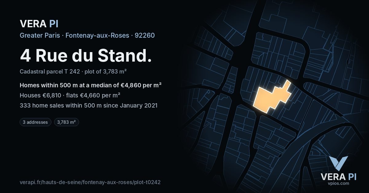4 Rue du Stand, Fontenay-aux-Roses at night – the plot lit, the parcels around coloured by the prices near them