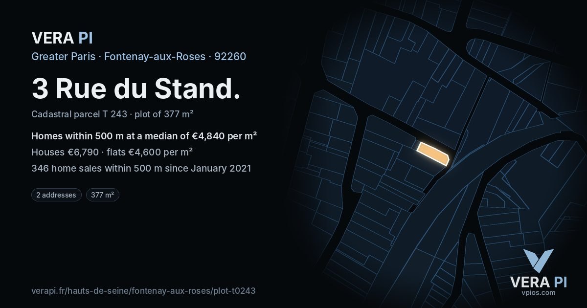 3 Rue du Stand, Fontenay-aux-Roses at night – the plot lit, the parcels around coloured by the prices near them