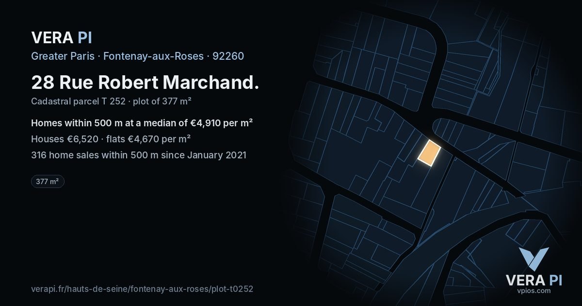 28 Rue Robert Marchand, Fontenay-aux-Roses at night – the plot lit, the parcels around coloured by the prices near them