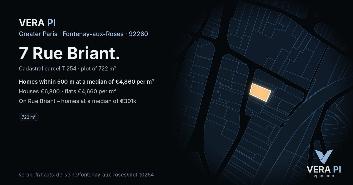7 Rue Briant, Fontenay-aux-Roses at night – the plot lit, the parcels around coloured by the prices near them