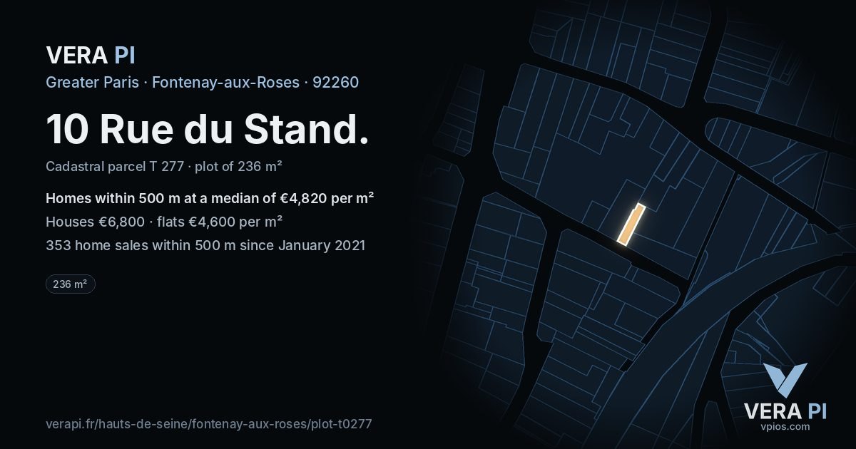 10 Rue du Stand, Fontenay-aux-Roses at night – the plot lit, the parcels around coloured by the prices near them