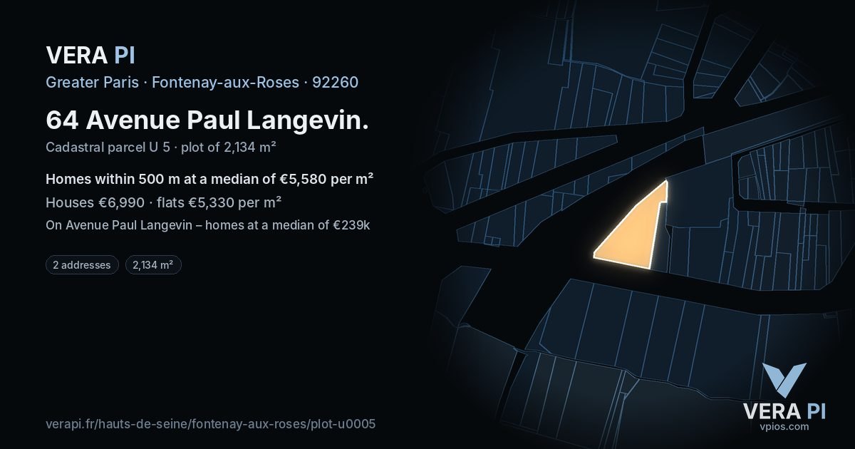 64 Avenue Paul Langevin, Fontenay-aux-Roses at night – the plot lit, the parcels around coloured by the prices near them