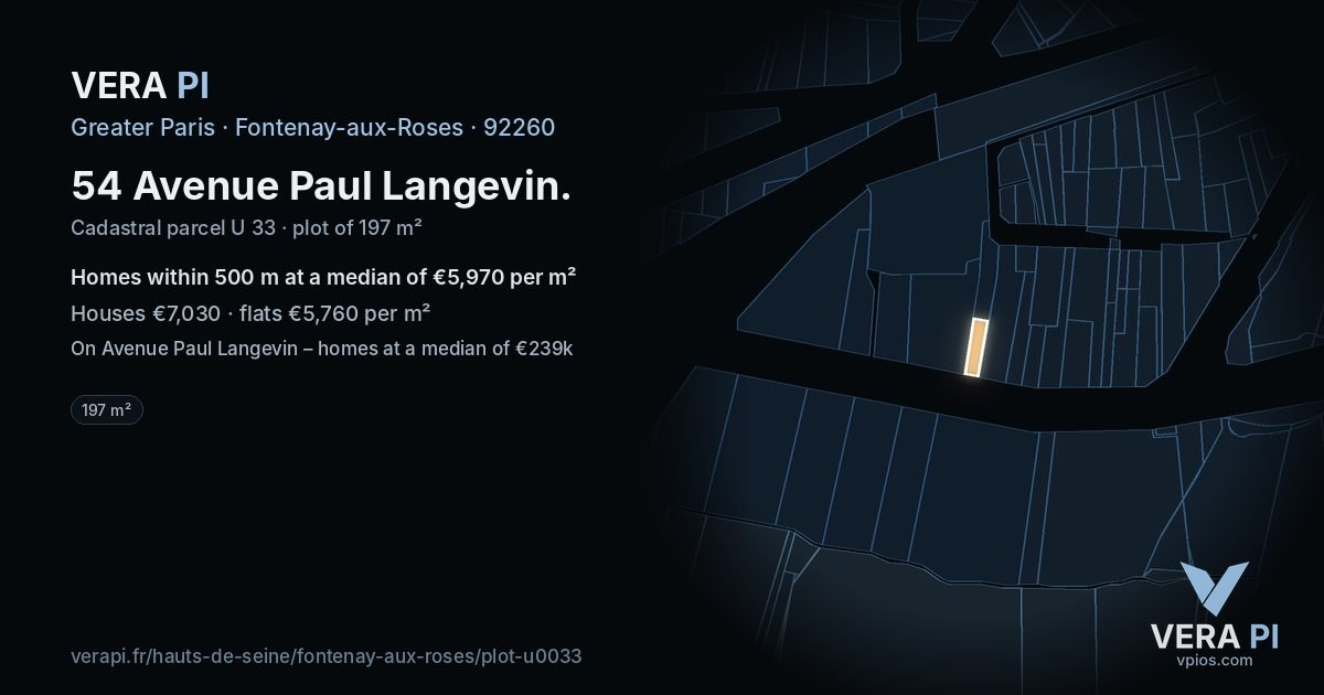 54 Avenue Paul Langevin, Fontenay-aux-Roses at night – the plot lit, the parcels around coloured by the prices near them