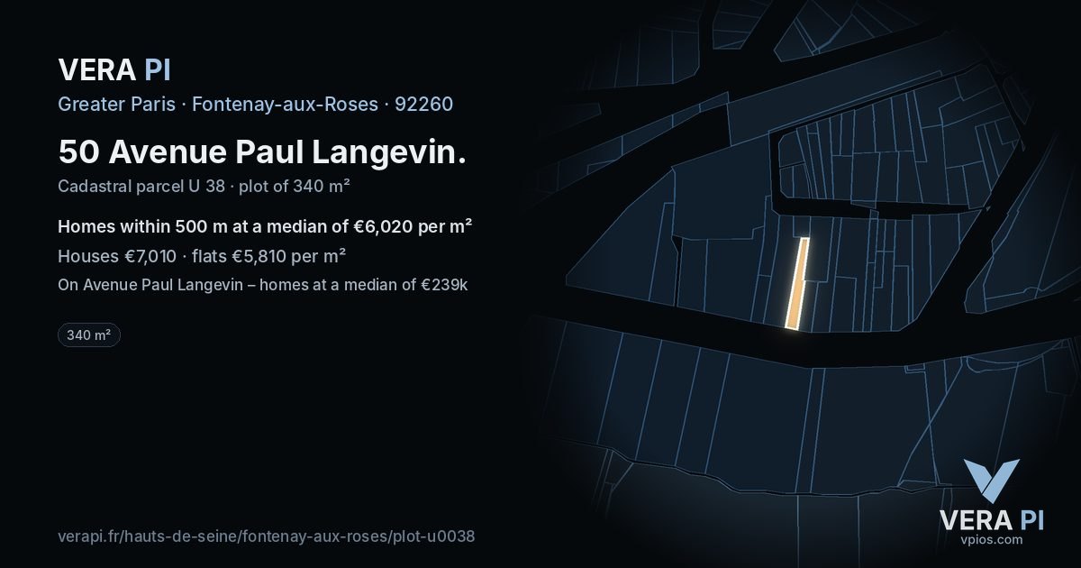 50 Avenue Paul Langevin, Fontenay-aux-Roses at night – the plot lit, the parcels around coloured by the prices near them