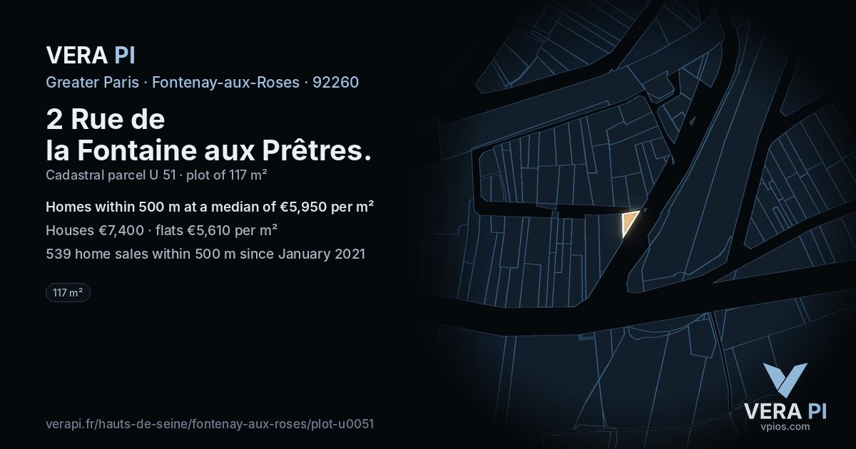 2 Rue de la Fontaine aux Prêtres, Fontenay-aux-Roses at night – the plot lit, the parcels around coloured by the prices near them