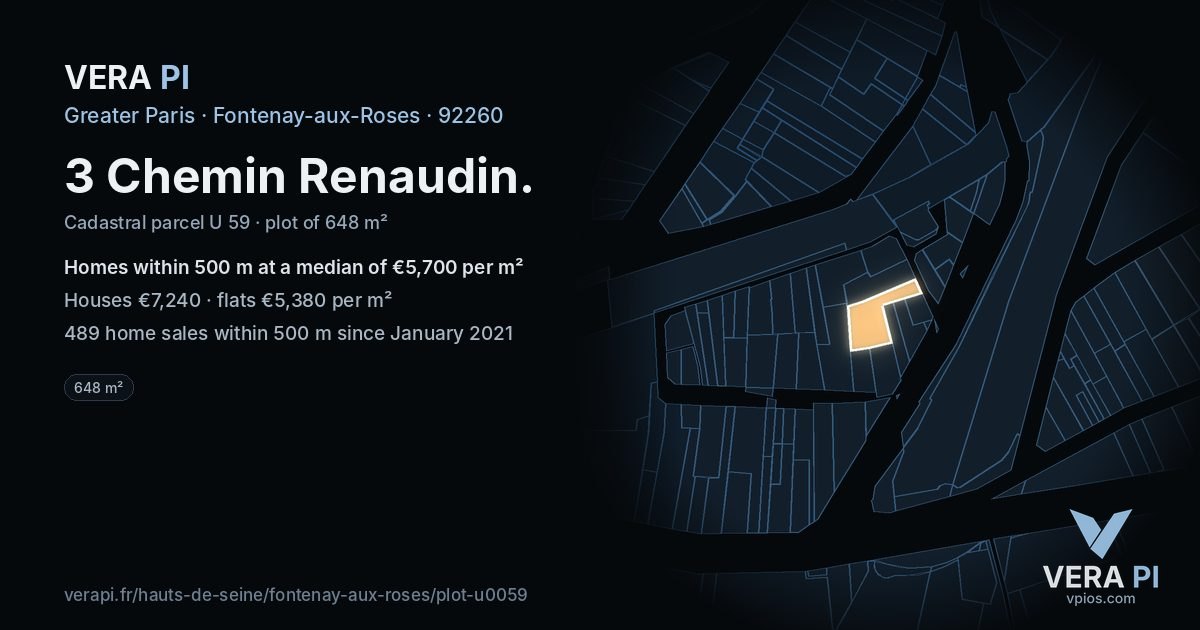 3 Chemin Renaudin, Fontenay-aux-Roses at night – the plot lit, the parcels around coloured by the prices near them