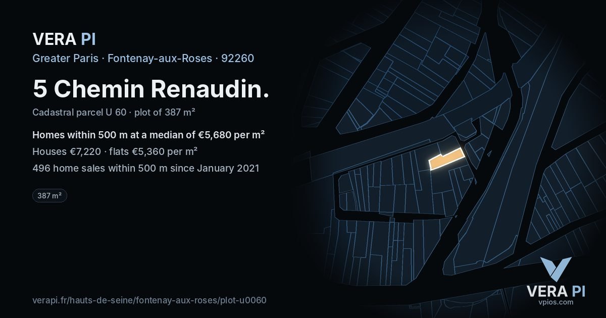 5 Chemin Renaudin, Fontenay-aux-Roses at night – the plot lit, the parcels around coloured by the prices near them