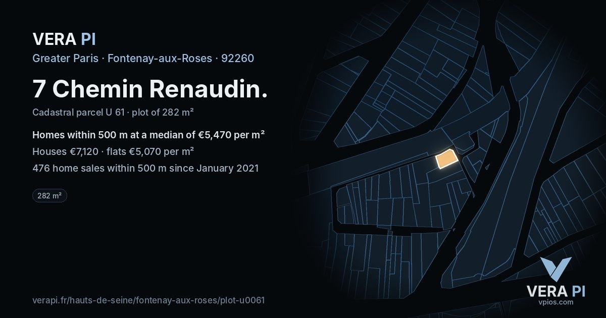 7 Chemin Renaudin, Fontenay-aux-Roses at night – the plot lit, the parcels around coloured by the prices near them