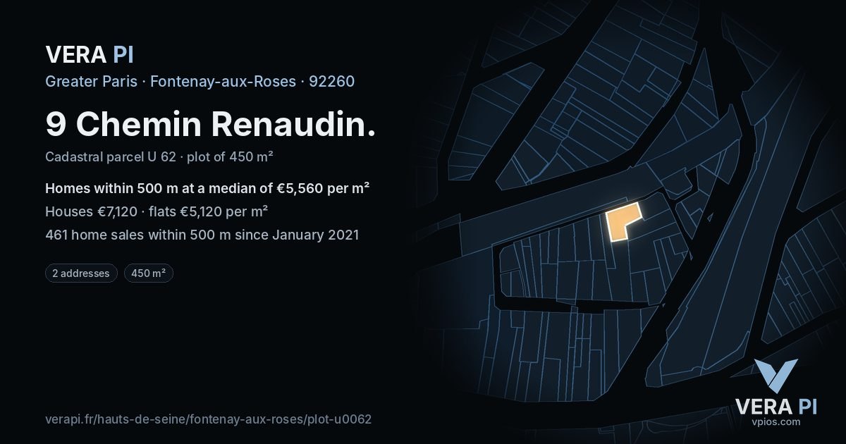 9 Chemin Renaudin, Fontenay-aux-Roses at night – the plot lit, the parcels around coloured by the prices near them