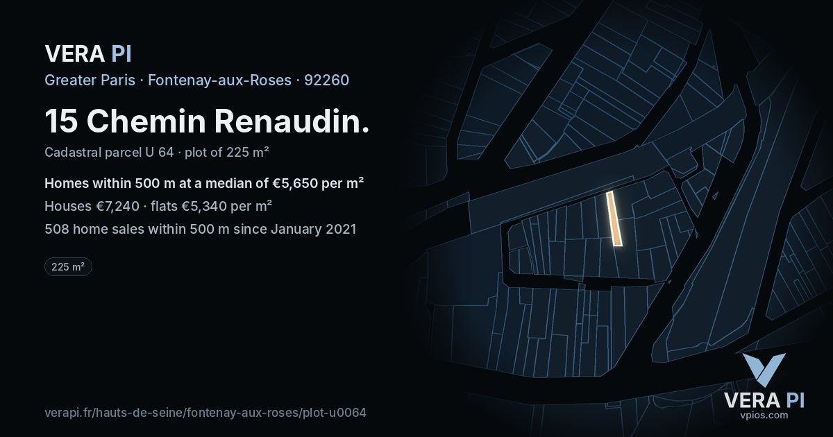 15 Chemin Renaudin, Fontenay-aux-Roses at night – the plot lit, the parcels around coloured by the prices near them