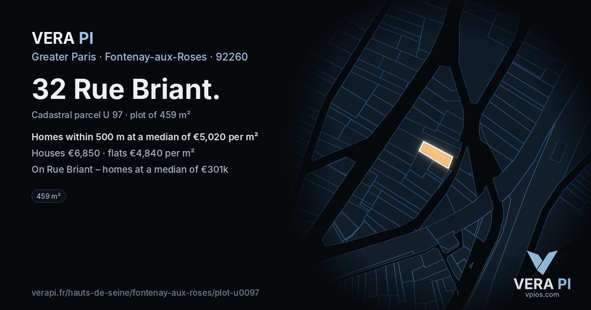 32 Rue Briant, Fontenay-aux-Roses at night – the plot lit, the parcels around coloured by the prices near them
