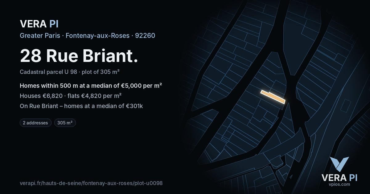 28 Rue Briant, Fontenay-aux-Roses at night – the plot lit, the parcels around coloured by the prices near them