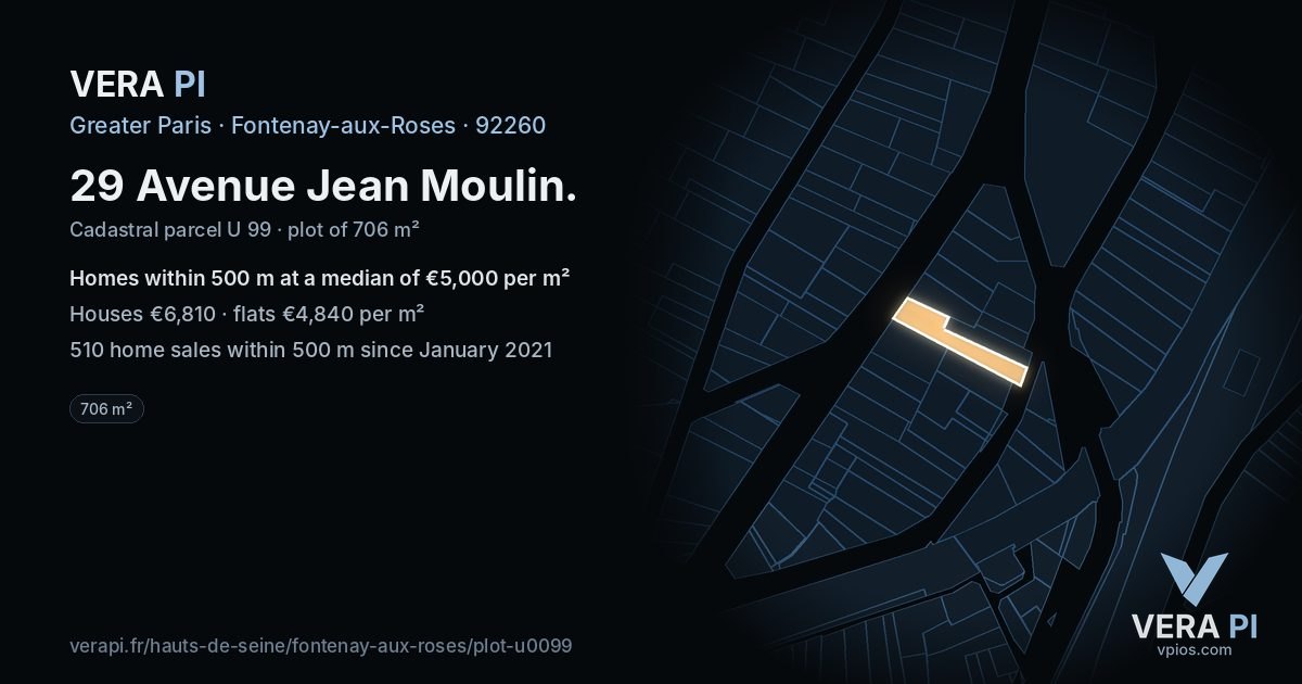 29 Avenue Jean Moulin, Fontenay-aux-Roses at night – the plot lit, the parcels around coloured by the prices near them