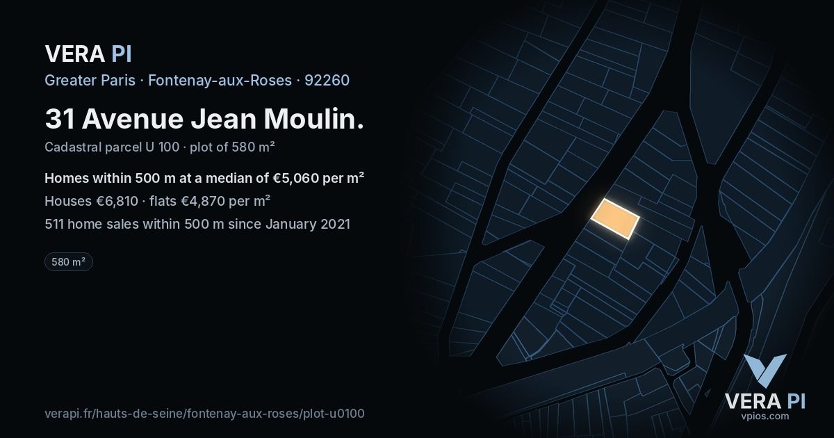 31 Avenue Jean Moulin, Fontenay-aux-Roses at night – the plot lit, the parcels around coloured by the prices near them