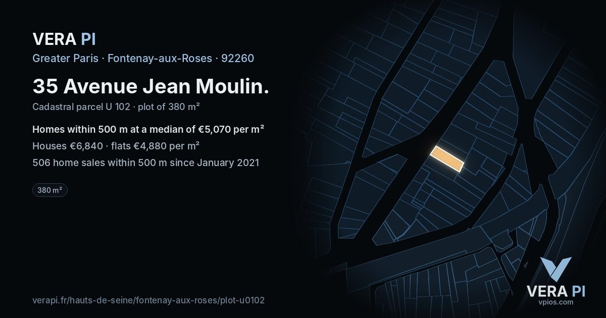 35 Avenue Jean Moulin, Fontenay-aux-Roses at night – the plot lit, the parcels around coloured by the prices near them