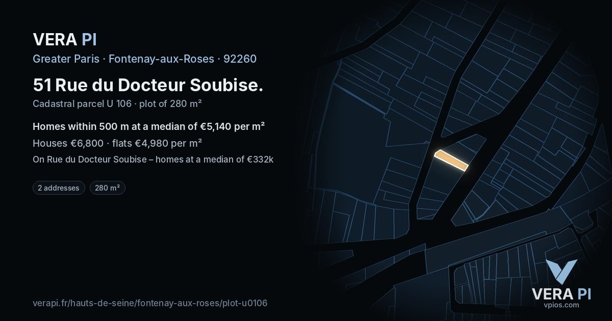 51 Rue du Docteur Soubise, Fontenay-aux-Roses at night – the plot lit, the parcels around coloured by the prices near them