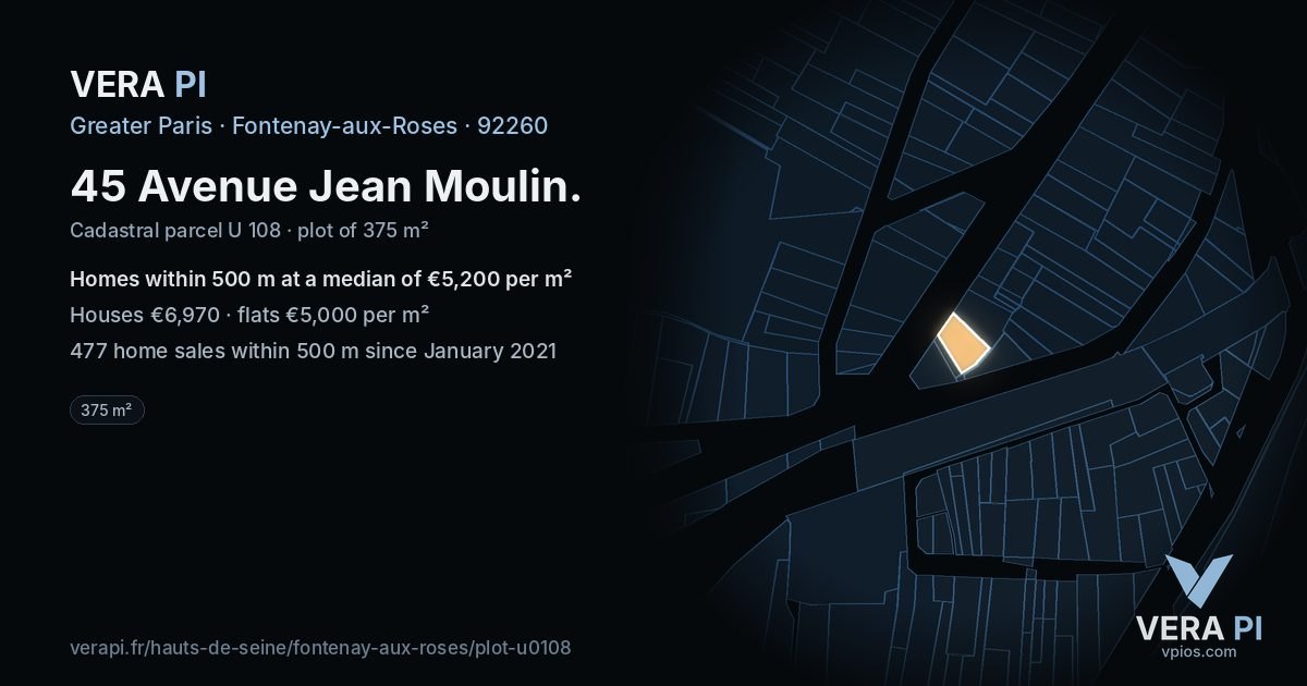 45 Avenue Jean Moulin, Fontenay-aux-Roses at night – the plot lit, the parcels around coloured by the prices near them