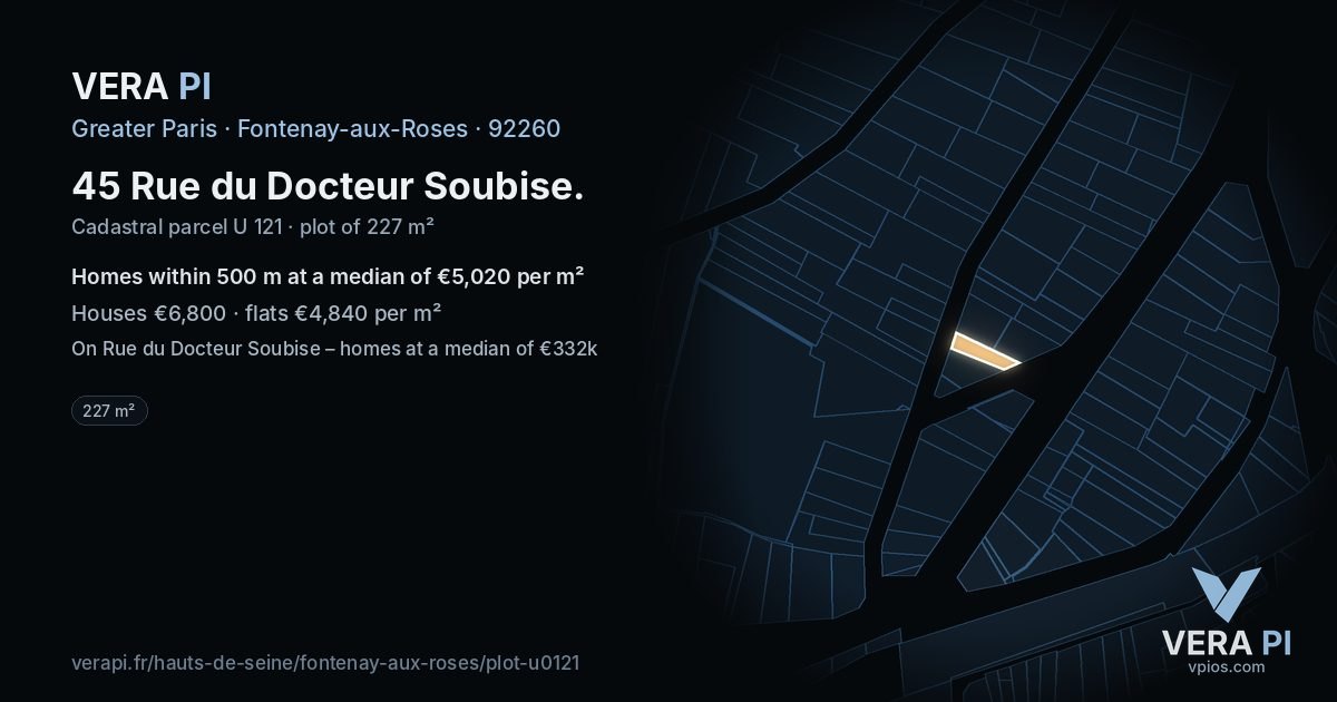 45 Rue du Docteur Soubise, Fontenay-aux-Roses at night – the plot lit, the parcels around coloured by the prices near them