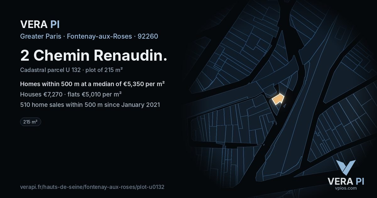 2 Chemin Renaudin, Fontenay-aux-Roses at night – the plot lit, the parcels around coloured by the prices near them
