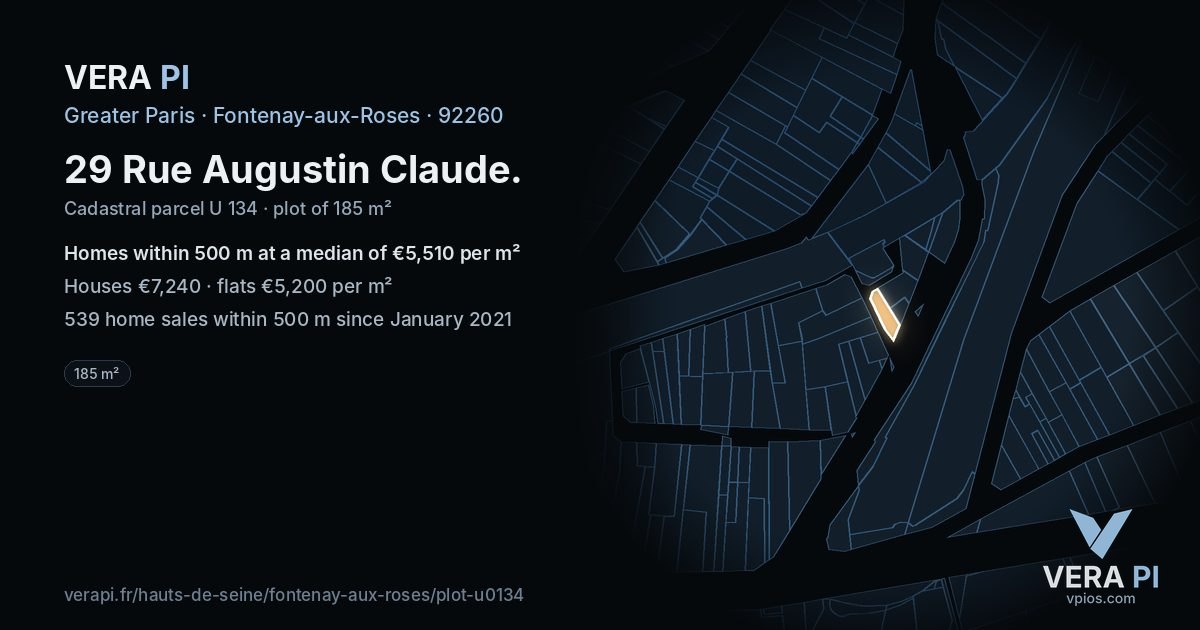 29 Rue Augustin Claude, Fontenay-aux-Roses at night – the plot lit, the parcels around coloured by the prices near them