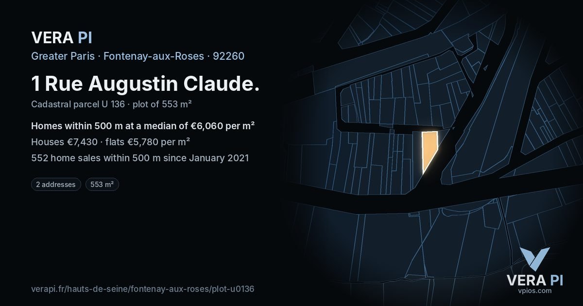 1 Rue Augustin Claude, Fontenay-aux-Roses at night – the plot lit, the parcels around coloured by the prices near them