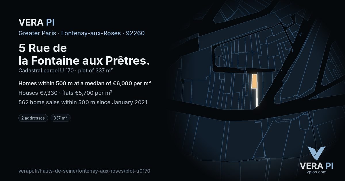 5 Rue de la Fontaine aux Prêtres, Fontenay-aux-Roses at night – the plot lit, the parcels around coloured by the prices near them