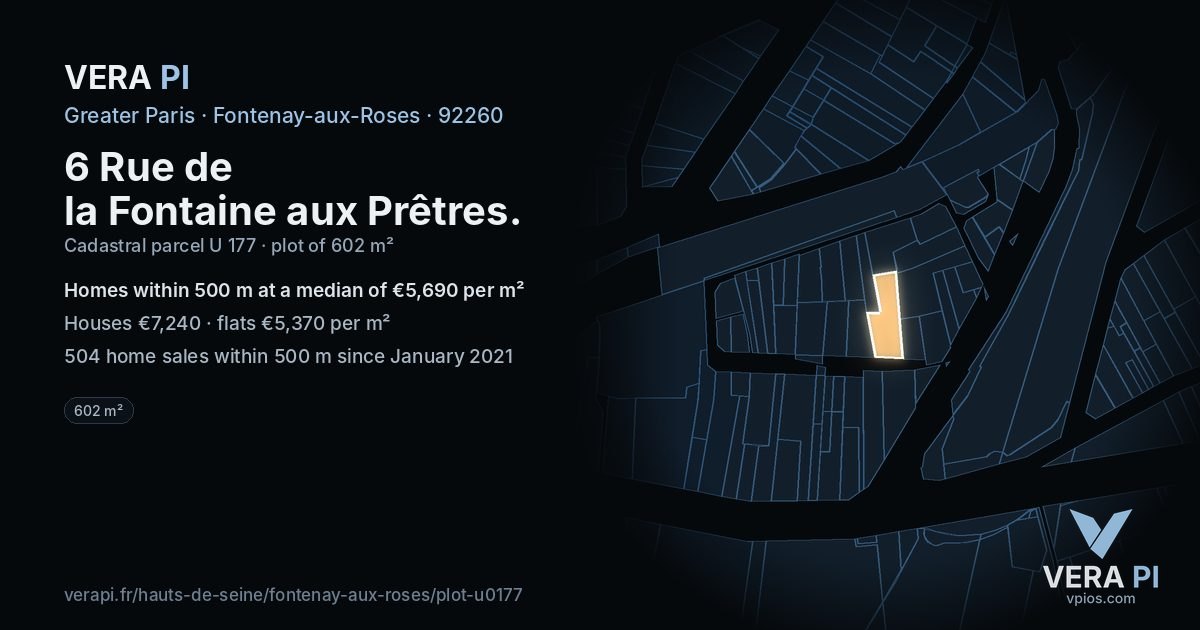 6 Rue de la Fontaine aux Prêtres, Fontenay-aux-Roses at night – the plot lit, the parcels around coloured by the prices near them