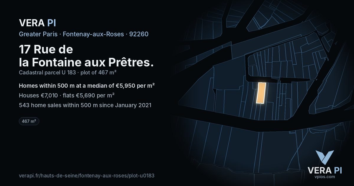 17 Rue de la Fontaine aux Prêtres, Fontenay-aux-Roses at night – the plot lit, the parcels around coloured by the prices near them