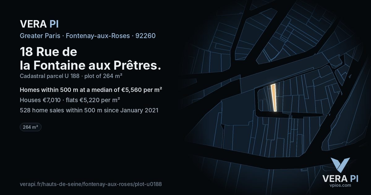 18 Rue de la Fontaine aux Prêtres, Fontenay-aux-Roses at night – the plot lit, the parcels around coloured by the prices near them