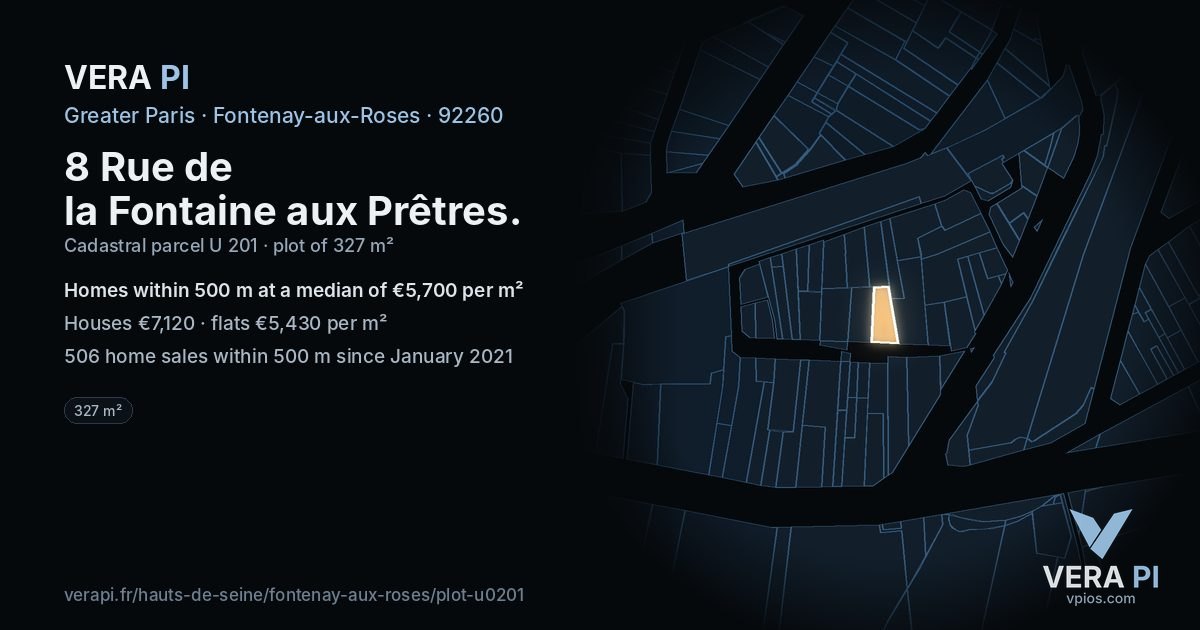 8 Rue de la Fontaine aux Prêtres, Fontenay-aux-Roses at night – the plot lit, the parcels around coloured by the prices near them