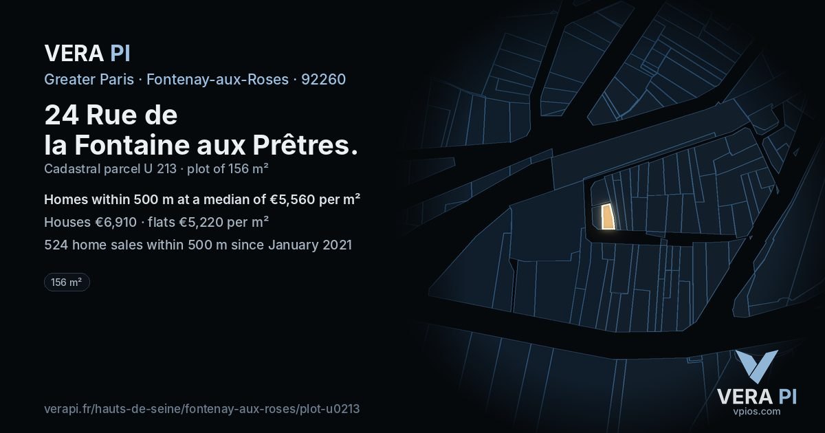 24 Rue de la Fontaine aux Prêtres, Fontenay-aux-Roses at night – the plot lit, the parcels around coloured by the prices near them