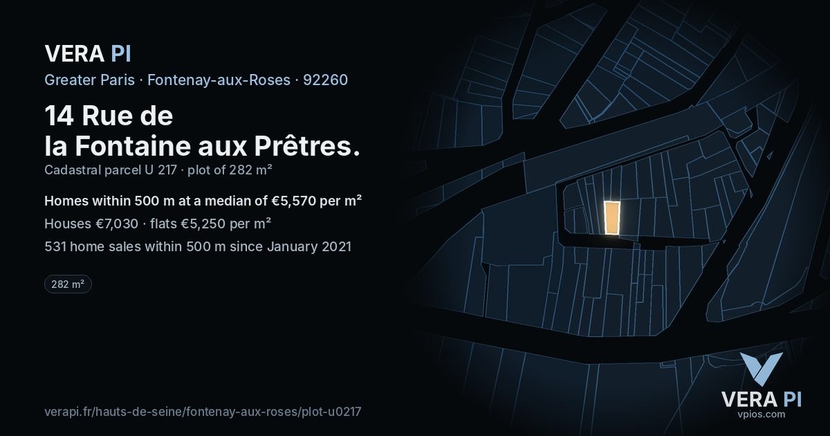 14 Rue de la Fontaine aux Prêtres, Fontenay-aux-Roses at night – the plot lit, the parcels around coloured by the prices near them